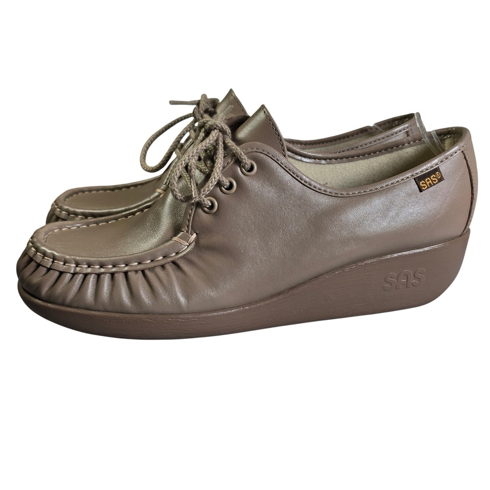 SAS Siesta Womens 9.5 M Taupe Leather Lace Up Comfort Walking Shoes Made‎ in USA